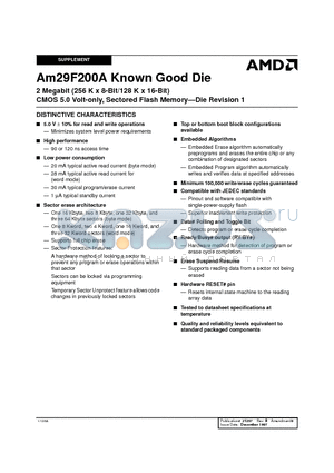 AM29F200AT-120DPC datasheet - 2 Megabit (256 K x 8-Bit/128 K x 16-Bit) CMOS 5.0 Volt-only, Sectored Flash Memory-Die Revision 1