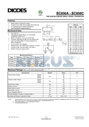 BC858C-7-F datasheet - PNP SURFACE MOUNT SMALL SIGNAL TRANSISTOR