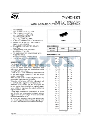74VHC16373 datasheet - 16-BIT D-TYPE LATCH WITH 3-STATE OUTPUTS NON INVERTING