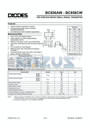 BC858CW datasheet - PNP SURFACE MOUNT SMALL SIGNAL TRANSISTOR