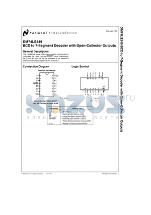 DM74LS249 datasheet - BCD to 7-Segment Decoder with Open-Collector Outputs