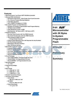 ATTINY20-SSUR datasheet - 8-bit Microcontroller with 2K Bytes In-System Programmable Flash