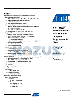 ATTINY20-XU datasheet - 8-bit Microcontroller with 2K Bytes In-System Programmable Flash