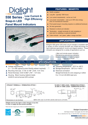 558-0803-001F datasheet - Low Current & High Efficiency Snap-in LED Panel Mount Indicators