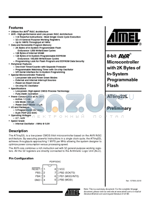 ATTINY22L-1PC datasheet - 8-bit Microcontroller with 2K Bytes of In-System Programmable Flash