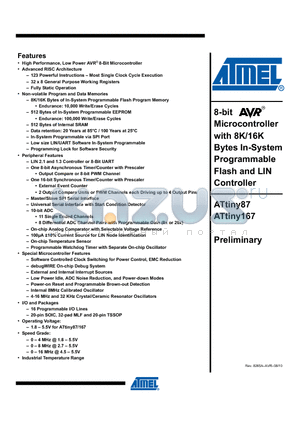 ATTINY167 datasheet - 8-bit AVR Microcontroller with 8K/16K Bytes In-System Programmable Flash and LIN Controller