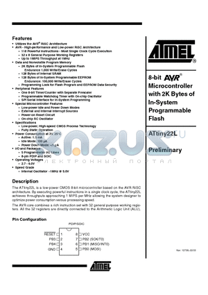 ATTINY22L-1PI datasheet - 8-bit Microcontroller with 2K Bytes of In-System Programmable Flash