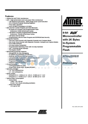 ATTINY2313V-10PU datasheet - 8-bit Microcontroller with 2K Bytes In-System Programmable Flash