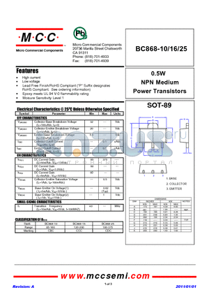 BC868-25 datasheet - 0.5W NPN Medium Power Transistors