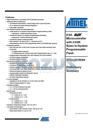 ATTINY24 datasheet - 8-bit Microcontroller with 2/4/8K Bytes In-System Programmable Flash