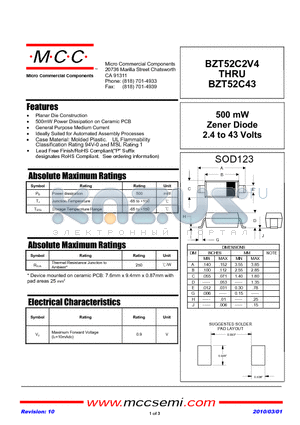 BZT52C12 datasheet - 500 mW Zener Diode 2.4 to 43 Volts