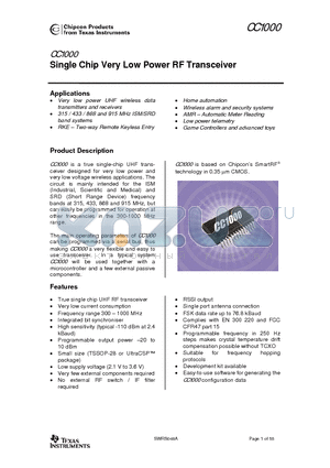 CC1000PPK-433 datasheet - Single Chip Very Low Power RF Transceiver