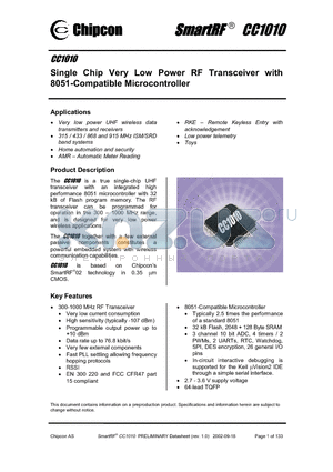 CC1010 datasheet - Single Chip Very Low Power RF Transceiver with 8051-Compatible Microcontroller