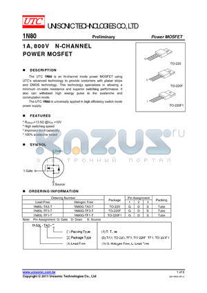 1N80G-TF3-T datasheet - 1A, 800V N-CHANNEL POWER MOSFET