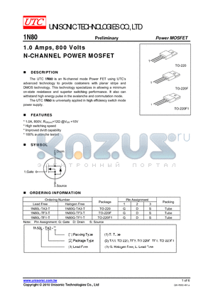 1N80L-TA3-T datasheet - 1.0 Amps, 800 Volts N-CHANNEL POWER MOSFET