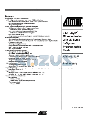 ATTINY2313V-8PI datasheet - 8-bit AVR Microcontroller with 2K Bytes In-System Programmable Flash