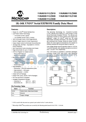 11AA010-E/P datasheet - 1K-16K UNI/O^ Serial EEPROM Family Data Sheet