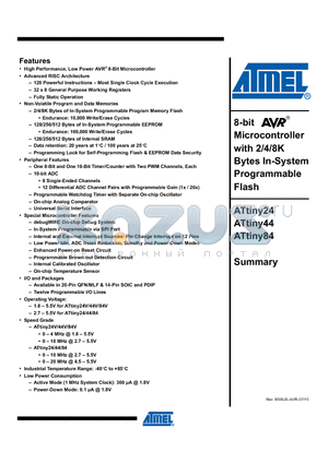 ATTINY24-20MU datasheet - 8-bit Microcontroller with 2/4/8K Bytes In-System Programmable Flash