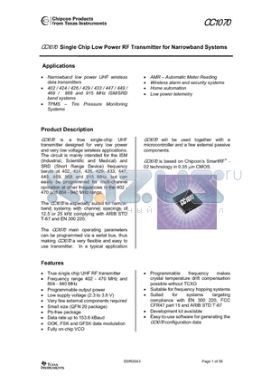CC1070 datasheet - Single Chip Low Power RF Transmitter for Narrowband Systems