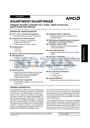 AM29F400AB-150SIB datasheet - 4 Megabit (524,288 x 8-Bit/262,144 x 16-Bit) CMOS 5.0 Volt-only, Sector Erase Flash Memory