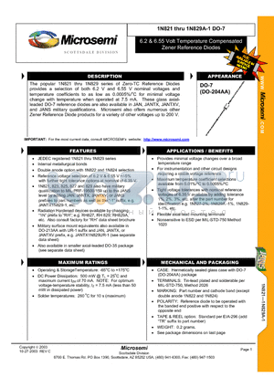 1N822UR-1-2 datasheet - 6.2 & 6.55 Volt Temperature Compensated 6.2 & 6.55 Volt Temperature Compensated