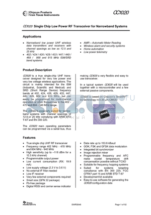 CC1020SKROHS datasheet - Single Chip Low Power RF Transceiver for Narrowband Systems