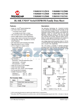 11AA010_11 datasheet - 1K-16K UNI/O^ Serial EEPROM Family Data Sheet