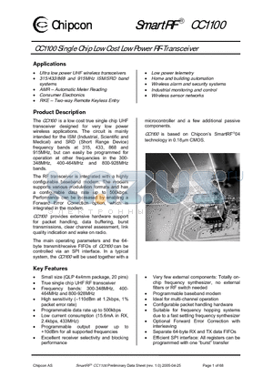 CC1100 datasheet - CC1100 Single Chip Low Cost Low Power RF-Transceiver