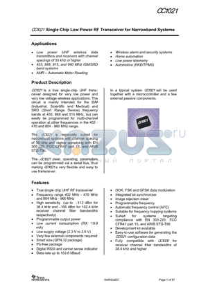 CC1021 datasheet - Single Chip Low Power RF Transceiver for Narrowband Systems