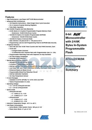 ATTINY24V-10PU datasheet - 8-bit Microcontroller with 2/4/8K Bytes In-System Programmable Flash