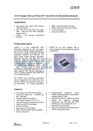 CC1070RSQR datasheet - Single Chip Low Power RF Transmitter for Narrowband Systems