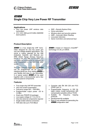 CC1050 datasheet - Single Chip Very Low Power RF Transmitter