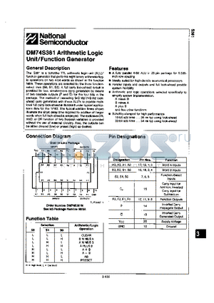 DM74S381 datasheet - DM74S381 ARITHMETIC LOGIC UNIT/FUNCTION GENERATOR