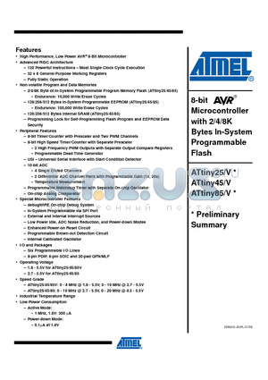 ATTINY25V datasheet - 8-bit Microcontroller with 2/4/8K Bytes In-System Programmable Flash