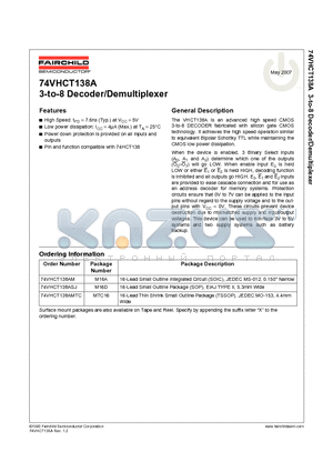 74VHCT138AMTC datasheet - 3-to-8 Decoder/Demultiplexer