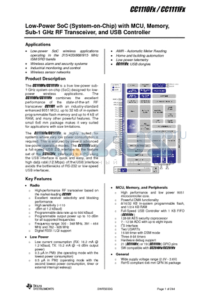 CC1110EMK868-915 datasheet - Low-Power SoC (System-on-Chip) with MCU, Memory,Sub-1 GHz RF Transceiver, and USB Controller