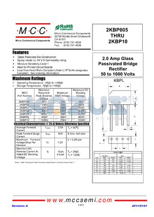 2KBP02 datasheet - 2.0 Amp Glass Passivated Bridge Rectifier 50 to 1000 Volts