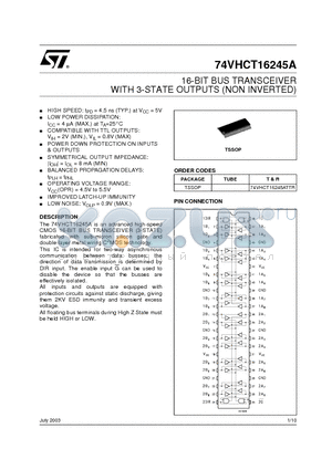 74VHCT16245A datasheet - 16-BIT BUS TRANSCEIVER WITH 3-STATE OUTPUTS (NON INVERTED)