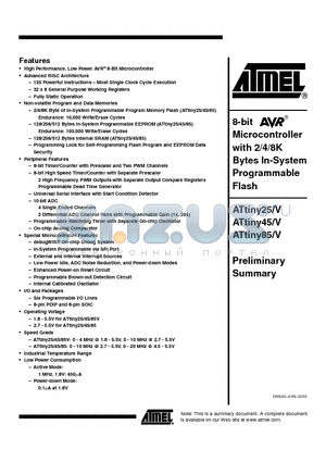 ATTINY25-20SI datasheet - 8-bit Microcontroller with 2/4/8K Bytes In-System Programmable Flash