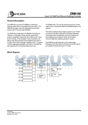 DM8108 datasheet - 8 port 10/100M Fast Ethernet Switching Controller