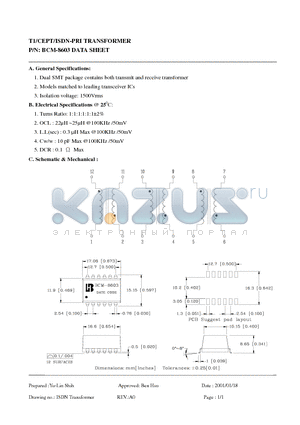 BCM-8603 datasheet - T1/CEPT/ISDN-PRI TRANSFORMER