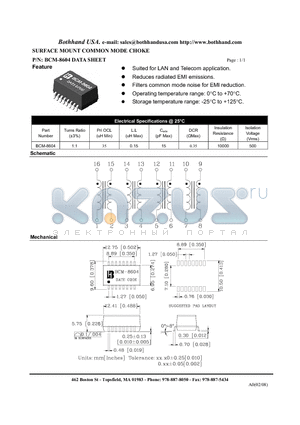 BCM-8604 datasheet - SURFACE MOUNT COMMON MODE CHOKE