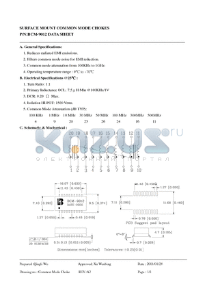 BCM-9012 datasheet - SURFACE MOUNT COMMON MODE CHOKES