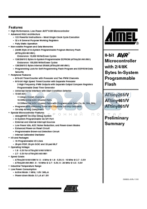 ATTINY261V datasheet - 8-bit Microcontroller with 2/4/8K Bytes In-System Programmable Flash