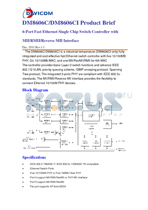 DM8606CI datasheet - 6-Port Fast Ethernet Single Chip Switch Controller with MII/RMII/Reverse MII Interface