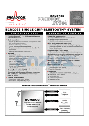 BCM2033MKFB100BGA datasheet - SINGLE CHIP BLUETOOTH SYSTEM