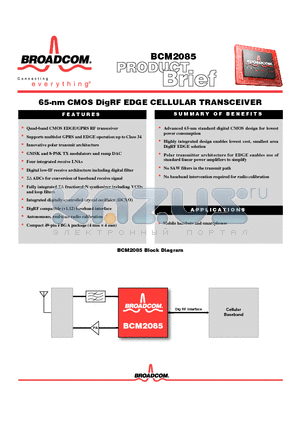 BCM2085 datasheet - 65-nm CMOS DigRF EDGE CELLULAR TRANSCEIVER