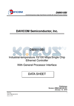 DM9010BI datasheet - Industrial-temperature 10/100 Mbps Single Chip Ethernet Controller With General Processor Interface
