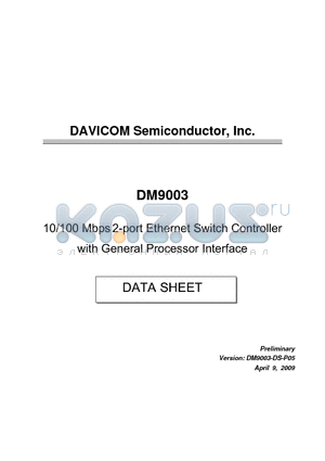DM9003EP datasheet - 10/100 Mbps 2-port Ethernet Switch Controller with General Processor Interface