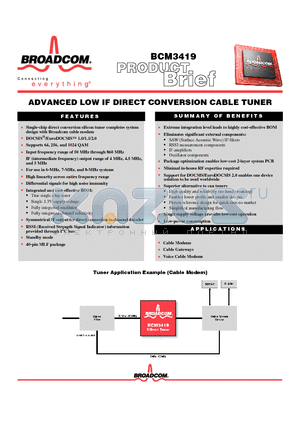 BCM3419 datasheet - ADVANCED LOW IF DIRECT CONVERSION CABLE TUNER